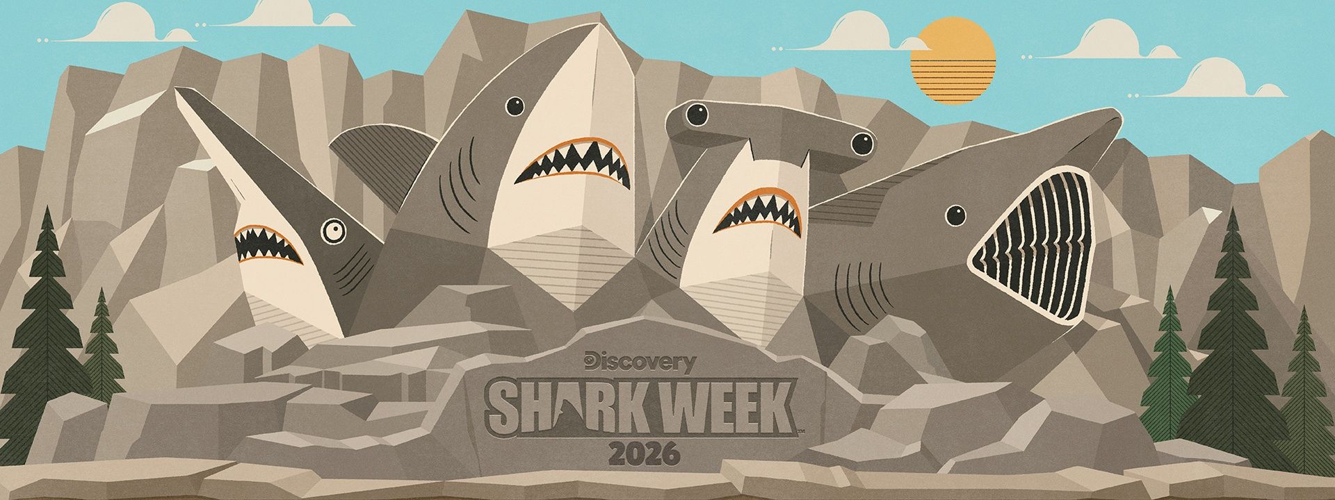 A Mount Rushmore spoof promoting Shark Week 2026