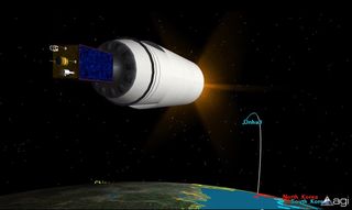 This still from an Analytical Graphics, Inc., video animation depicts North Korea's Unha-3 rocket and Kwangmyongsong-3 satellite in the last leg of a potential orbital launch in April 2012.