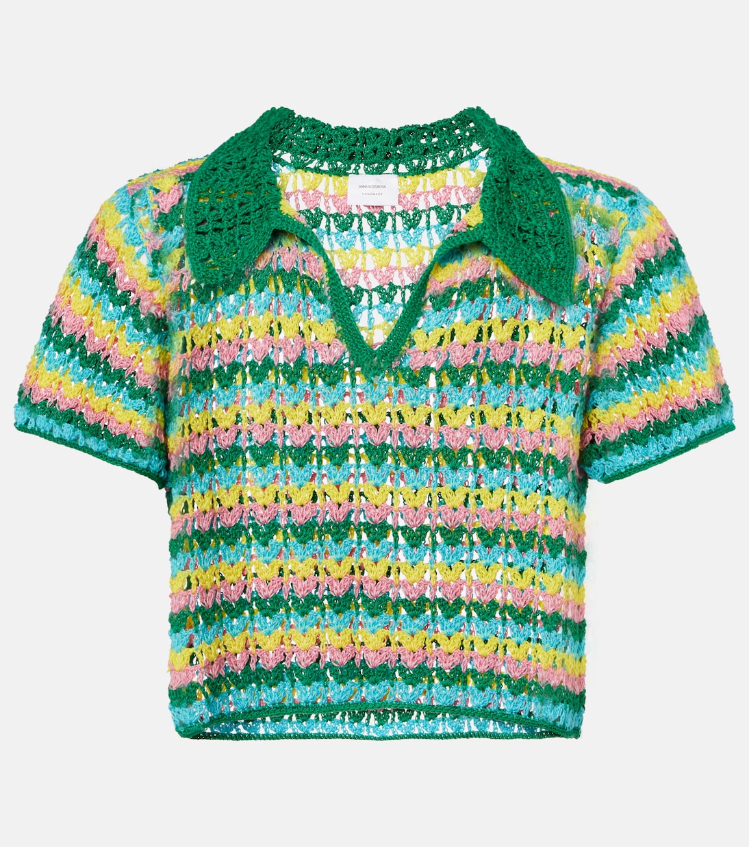 Striped crochet cotton polo shirt