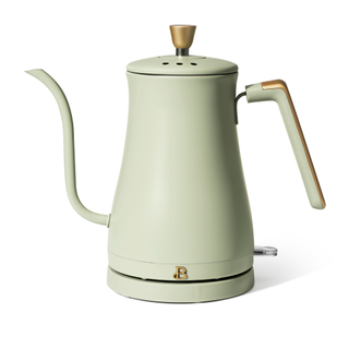 A sage green gooseneck kettle with gold accents