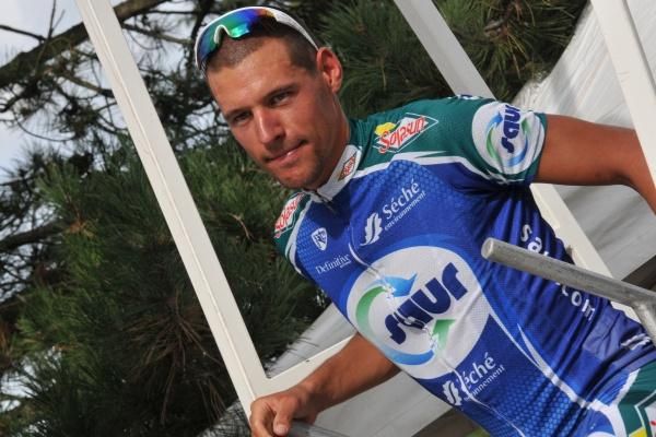 Stage winner St&eacute;phane Poulhies (Saur - Sojasun) heads to the podium.