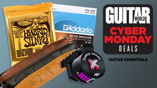 An assortment of guitar accessories, including Ernie Ball strings and Fender guitar straps