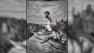 David slays Goliath in this illustration by Gustave Dore from the Dore Bible, 1866. 