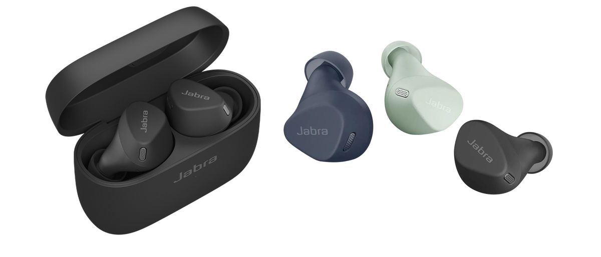 A composite image of Jabra Elite 4 Active earbuds in their charging case and three loose earbuds