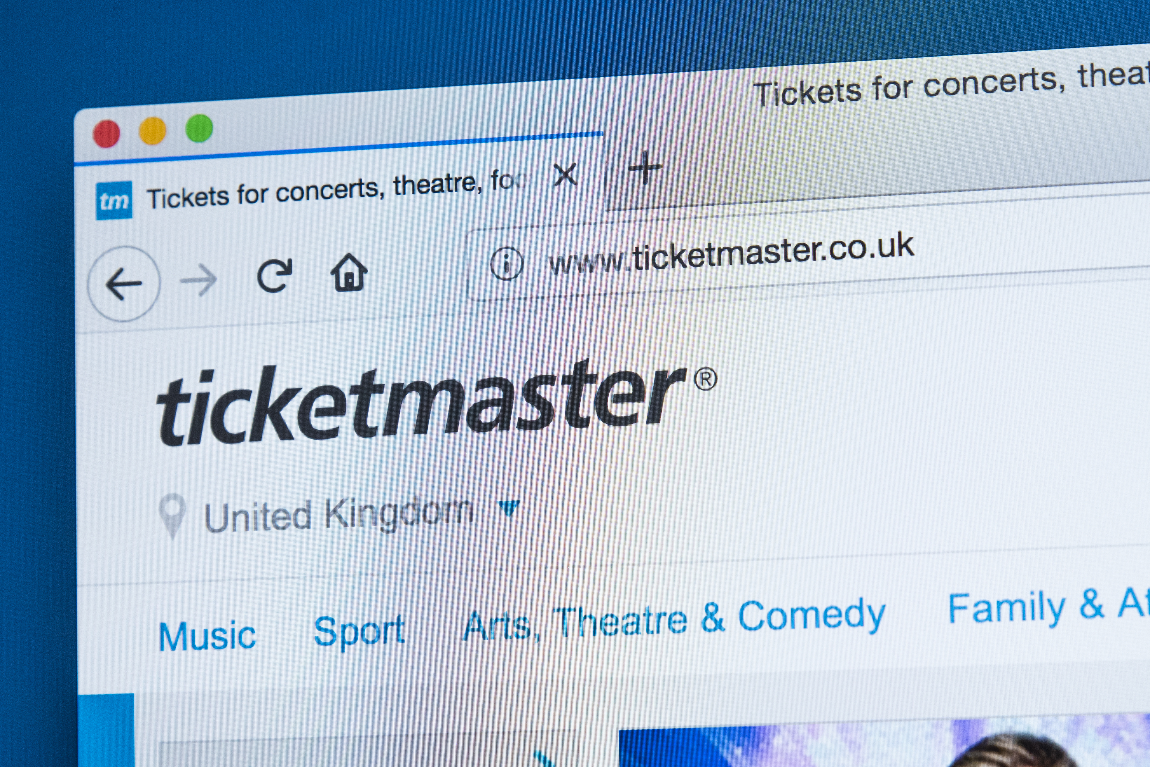 The Ticketmaster website in a web browser window as seen on a computer screen