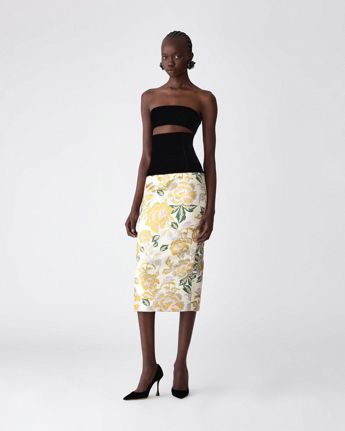 Floral Jacquard and Velvet Cutout Dress - Ready - to - Wear