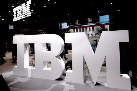 IBM logo in big white block lettering displayed on pavilion during 2024 Mobile World Congress in Barcelona