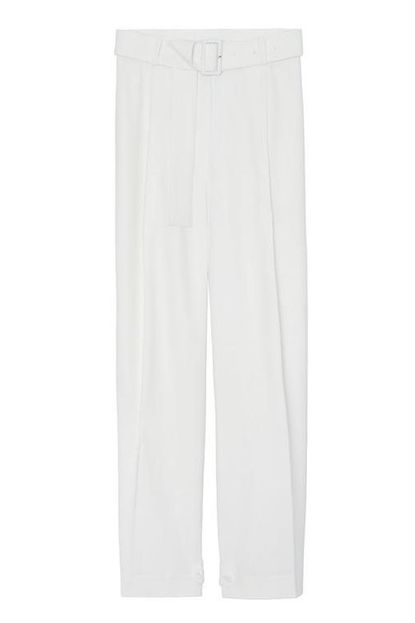 The Frankie Shop Elvira Belted Suit Pants with Button Tab Cuff in White