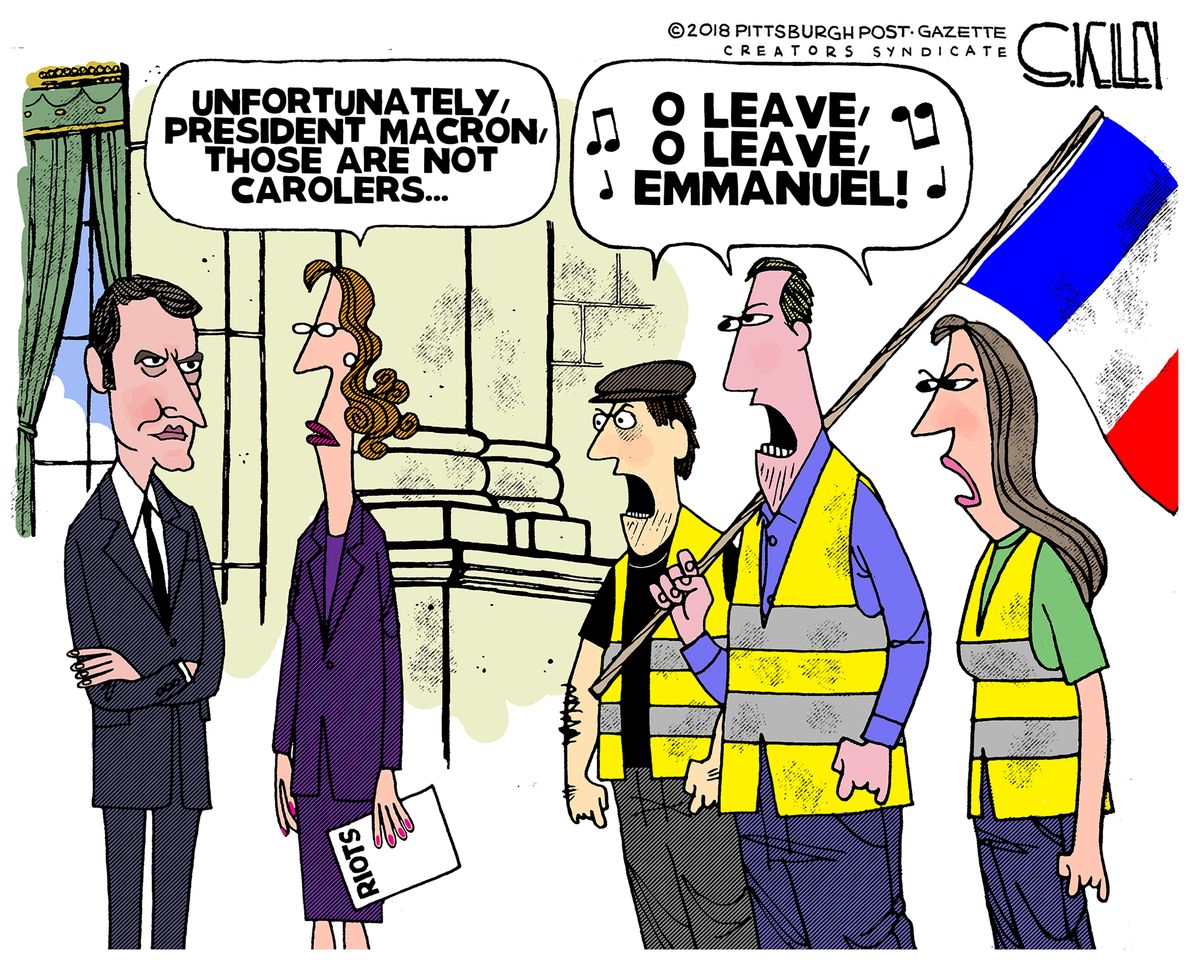 Political cartoon world France president Emmanuel Macron yellow vest ...