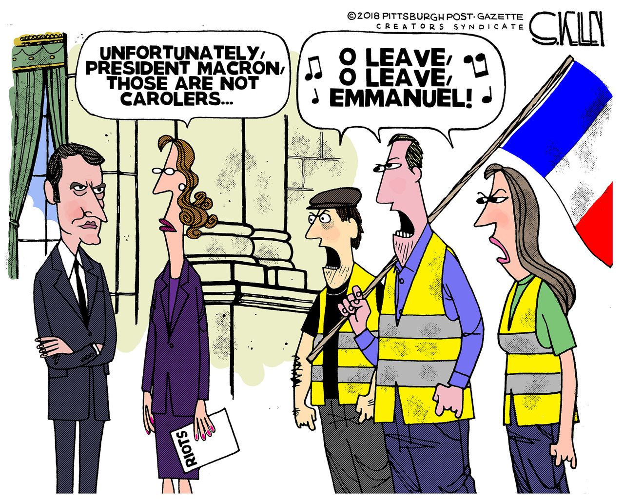 Political cartoon world France president Emmanuel Macron yellow vest protests riots leave carolers