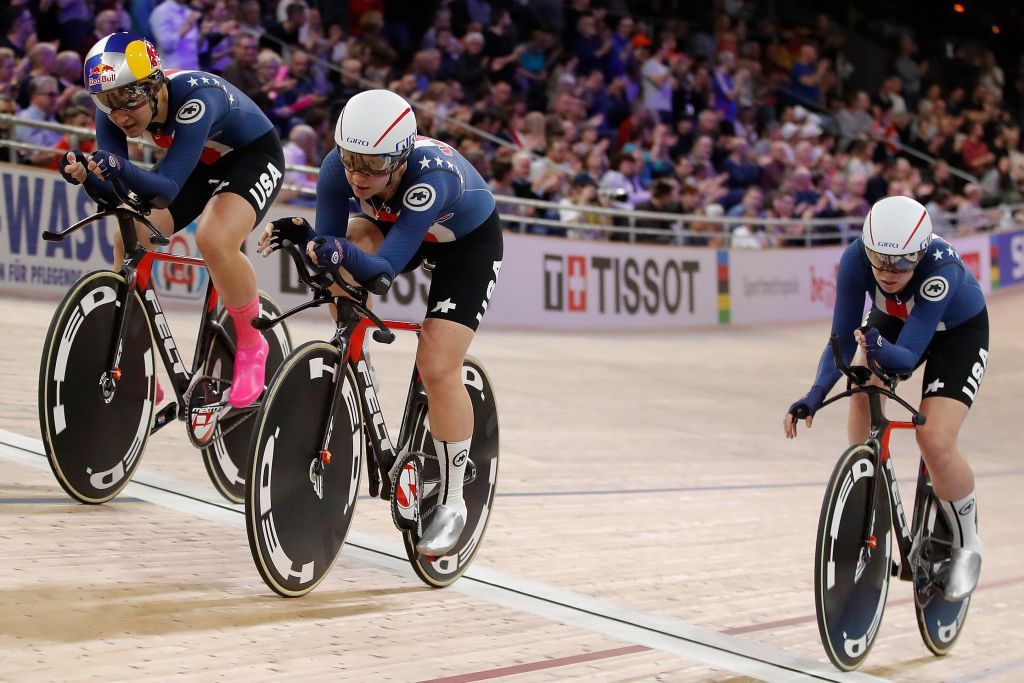 Members of the US team win Gold in the Womens Team Pursuit Finals at the UCI track cycling World Championship at the velodrome in Berlin on February 27 2020 Photo by Odd ANDERSEN AFP Photo by ODD ANDERSENAFP via Getty Images