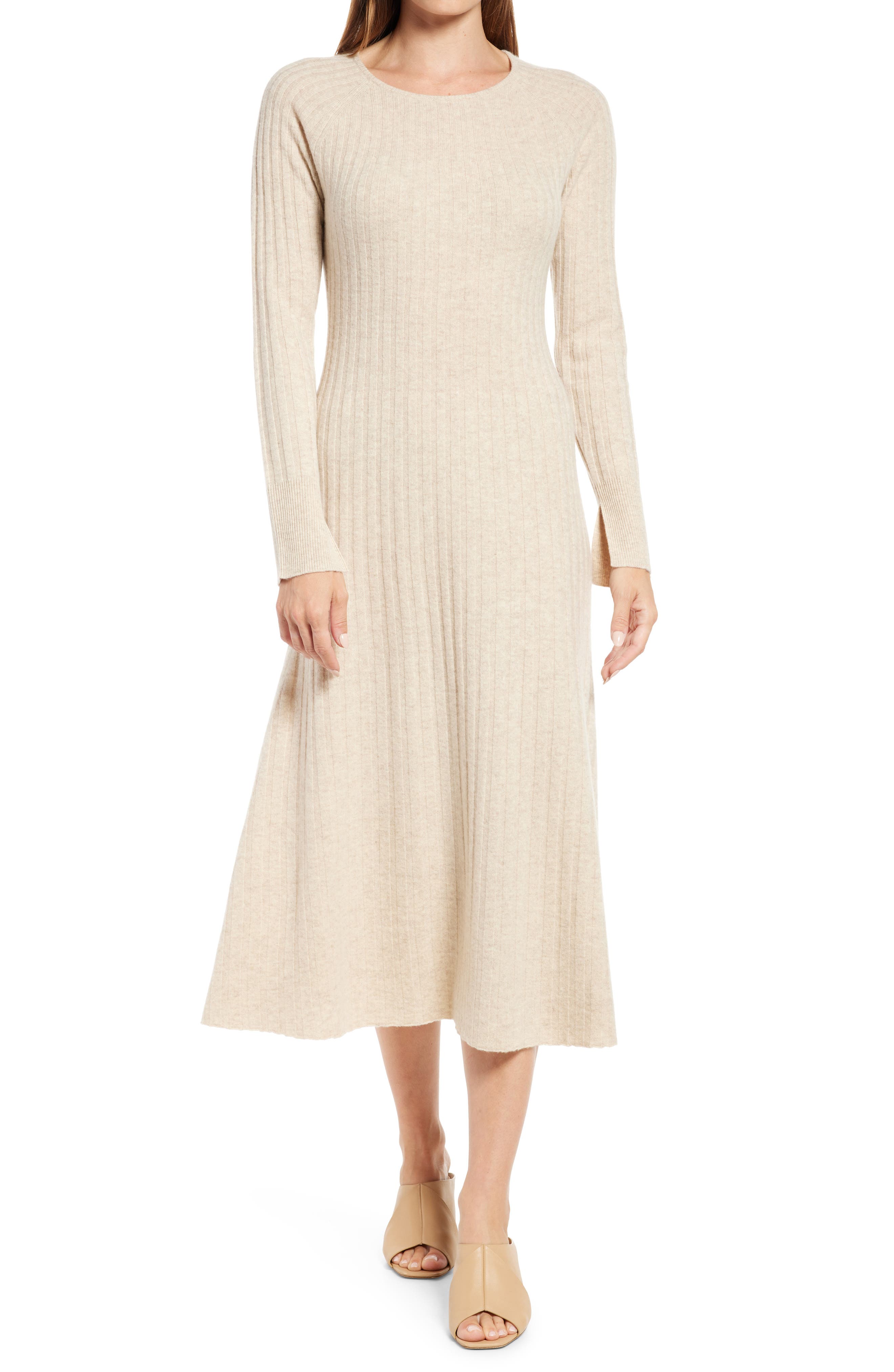 Rib Long Sleeve Midi Sweater Dress