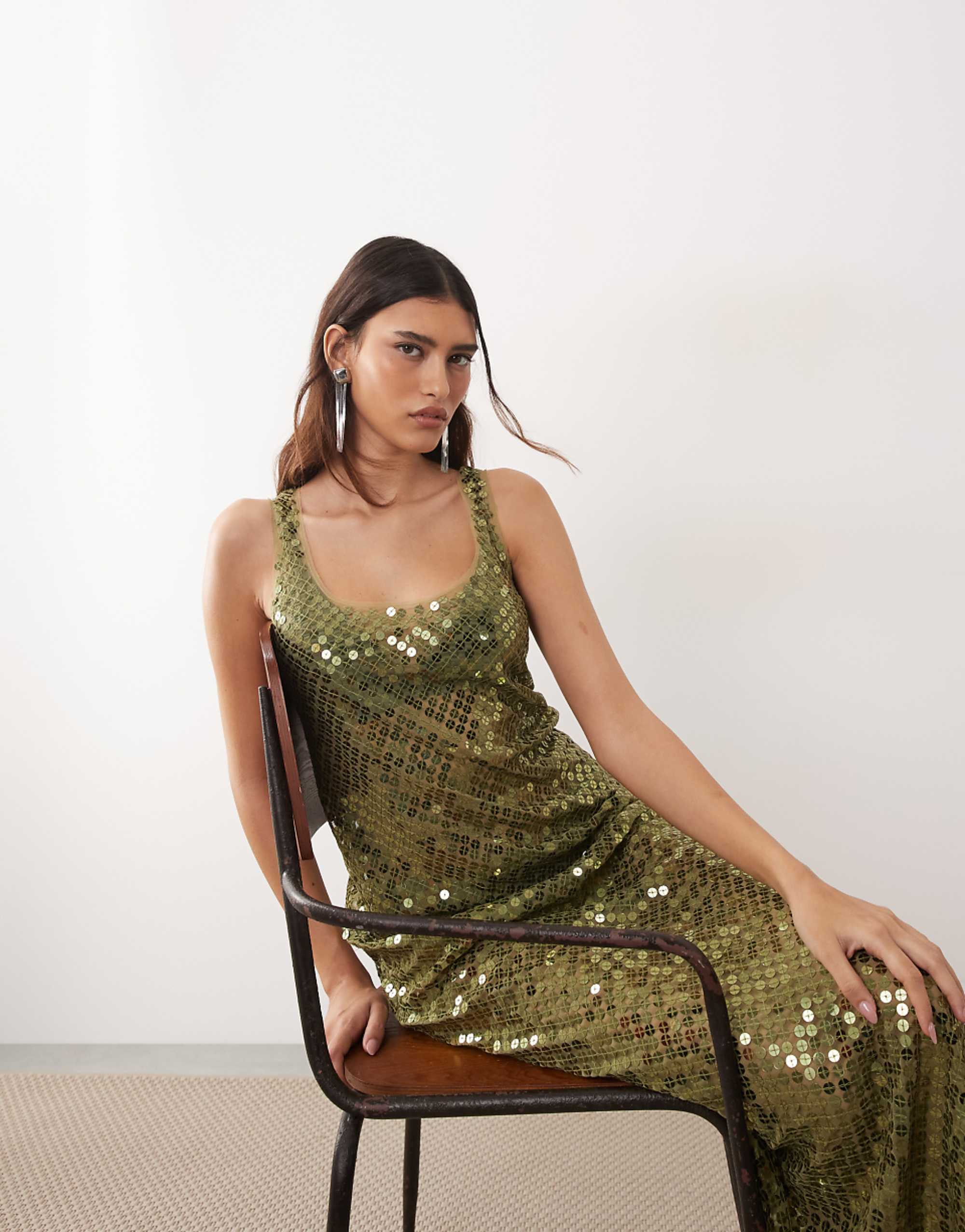 Arrange Sheer Disc Sequin Maxi Vest Dress in Olive Green