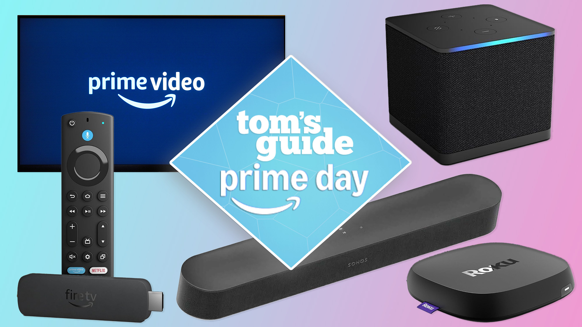 Tom&#039;s Guide Prime Day streaming deals listing image, featuring the Prime Day badge plus various streaming devices and a soundbar