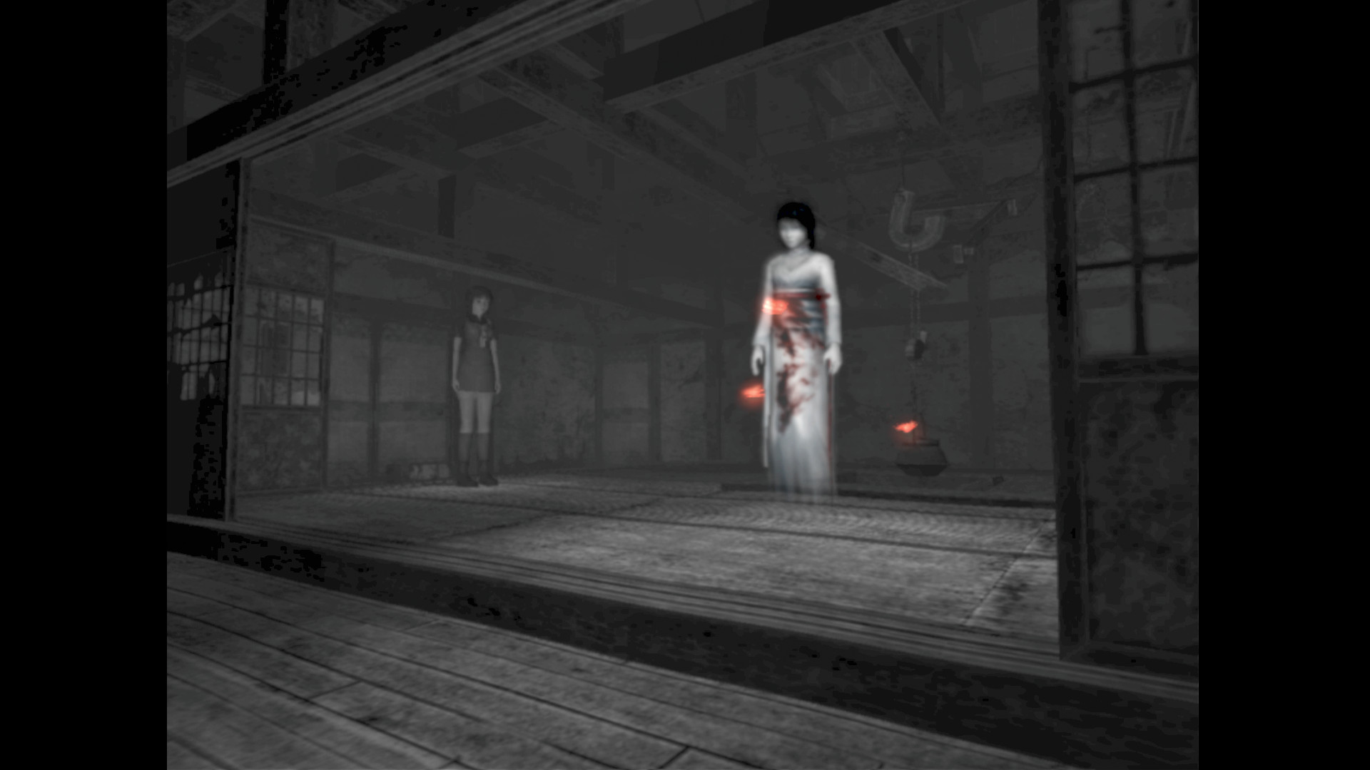 A ghost floats through a traditional Japanese room in Fatal Frame 2: Crimson Butterfly