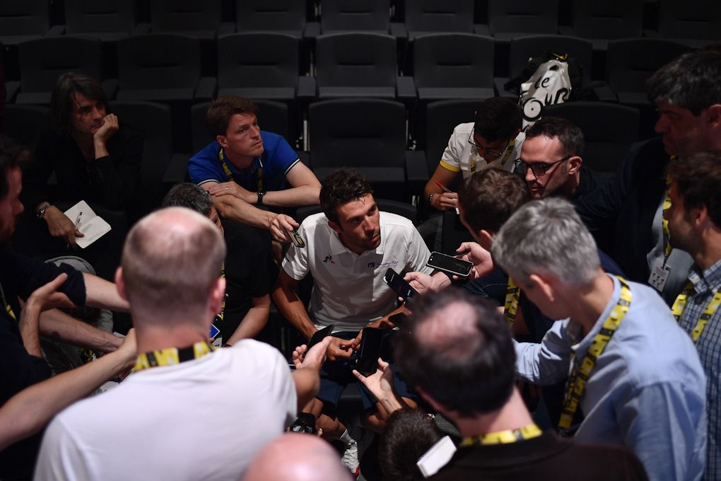 Thibaut Pinot surrounded by media at the Groupama-FDJ press conference ahead of the 2019 Tour de France