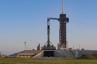 The SpaceX Falcon 9 rocket and Dragon capsule that will fly the Crew-4 astronaut mission stand on the pad at NASA's Kennedy Space Center on April 19, 2022.