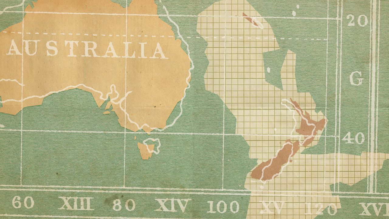 Illustrative collage of Australia, New Zealand, and the hypothetical continent of Zealandia.