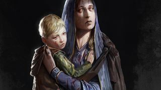 Character art showing a woman holding a child