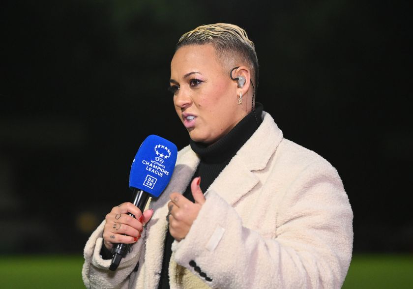 BOREHAMWOOD, ENGLAND - DECEMBER 18: Lianne Sanderson, former Arsenal player looks on whilst working pitchside for broadcaster DAZN after the UEFA Women&#039;s Champions League match between Arsenal FC and FC Bayern München at Meadow Park on December 18, 2024 in Borehamwood, England. 