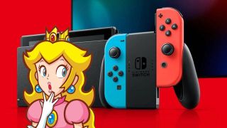 Prinzessin Peach mit überraschtem Gesichtsaudruck posierend vor einer Nintendo Switch Konsole