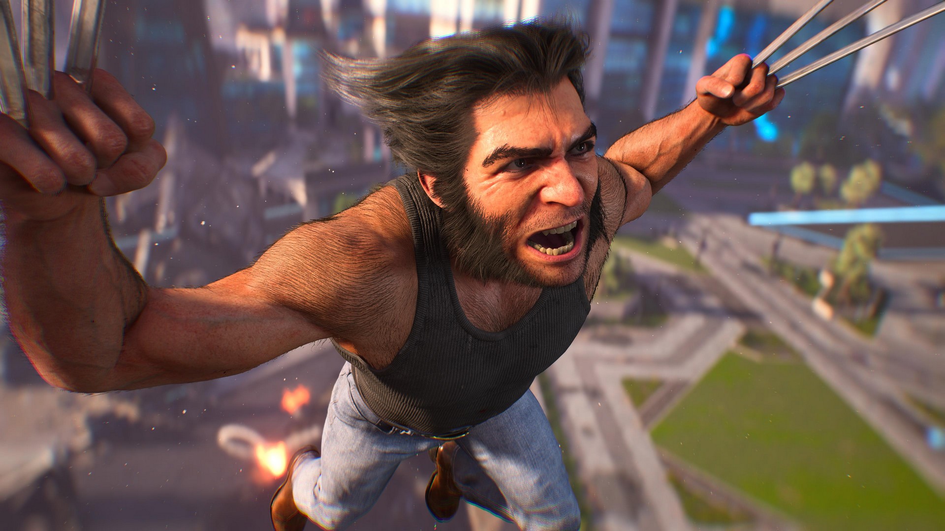 Logan in his black tanktop with pointy hair screams in Marvel's Wolverine as he is hurled into the air with his claws out