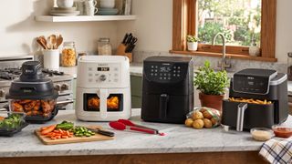 Selection of air fryers on a kitchen countertop