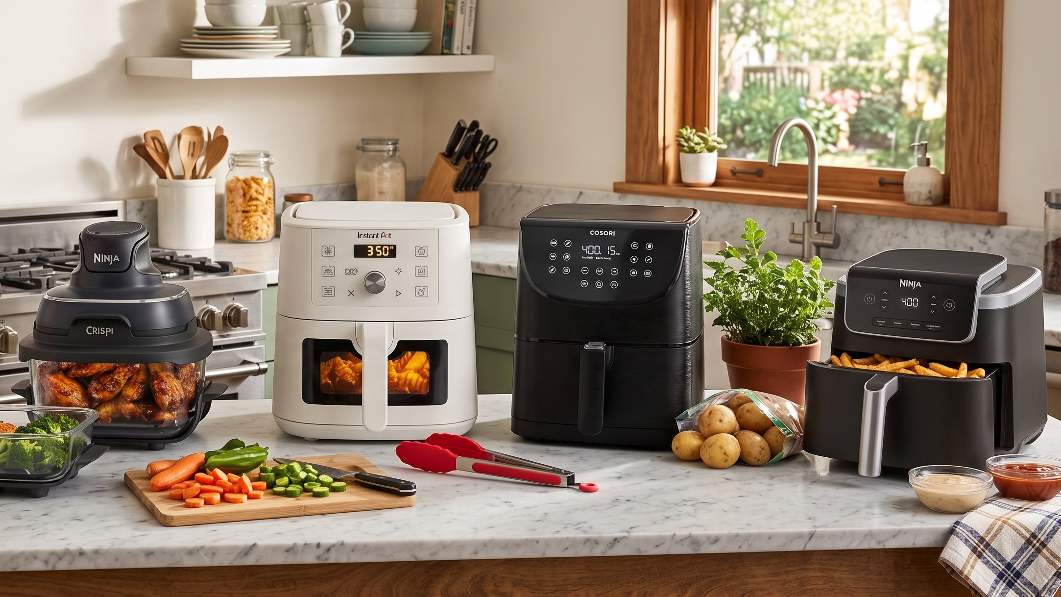 Selection of air fryers on a kitchen countertop