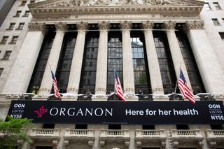 Organon banner hanging outside of New York Exchange Building on Wall Street