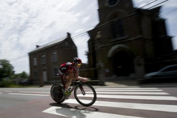 Defending Tour de France champion Cadel Evans (BMC) logs some time on the time trial bike on Thursday in Liege, Belgium, two days prior to the Tour's start.