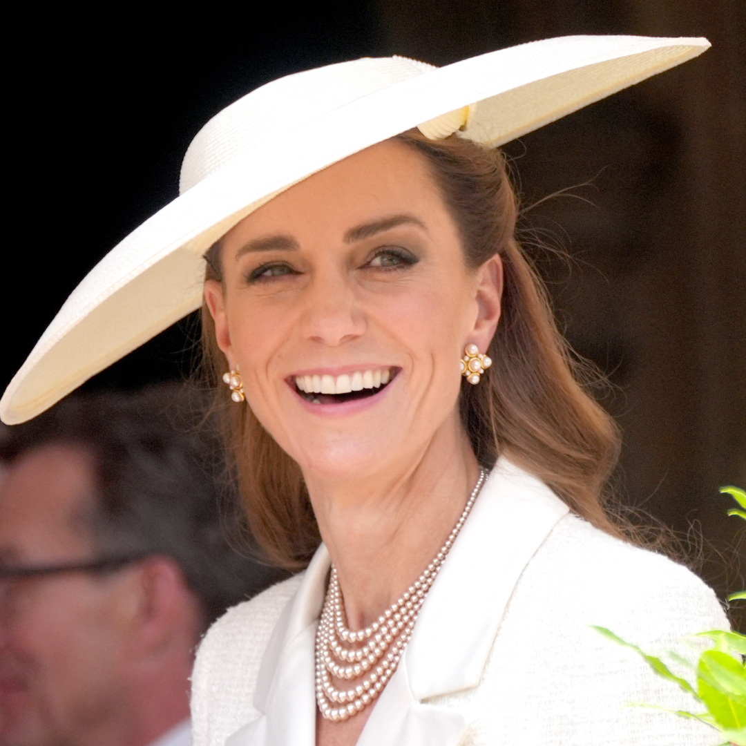 Kate Middleton wearing a white dress and white hat at 2025 Order of the Garter Service 