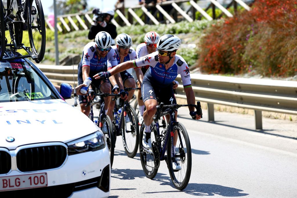 MESSINA ITALY MAY 11 Mark Cavendish of United Kingdom and Team QuickStep Alpha Vinyl competes in the feeding area during the 105th Giro dItalia 2022 Stage 5 a 174km stage from Catania to Messina Giro WorldTour on May 11 2022 in Messina Italy Photo by Michael SteeleGetty Images