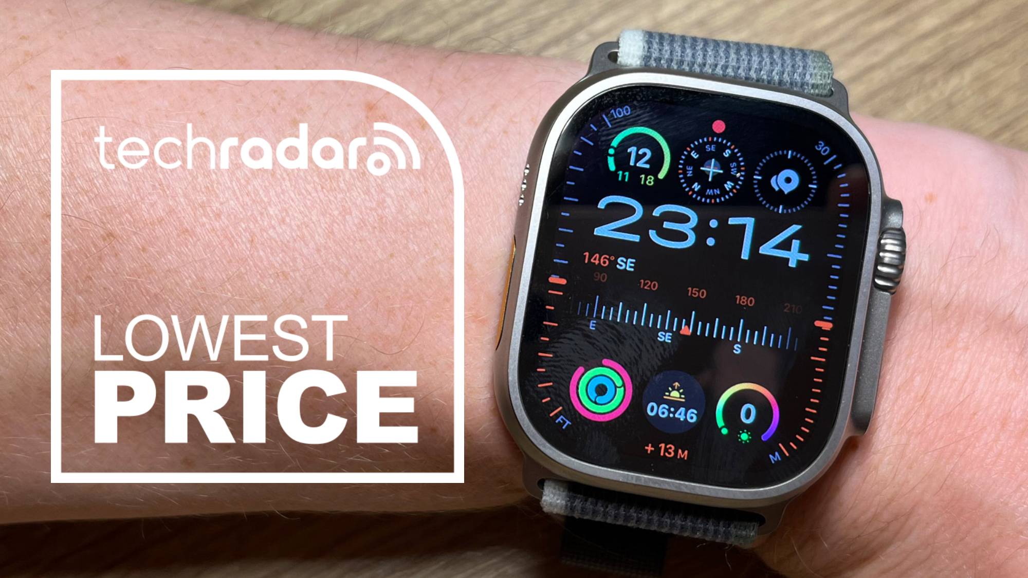 A close up of the Apple Watch Ultra 2 watch face with a deals sticker 