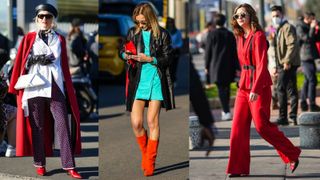 three women wear bright color clothes in different ways for 3 street style shots featuring red clothing