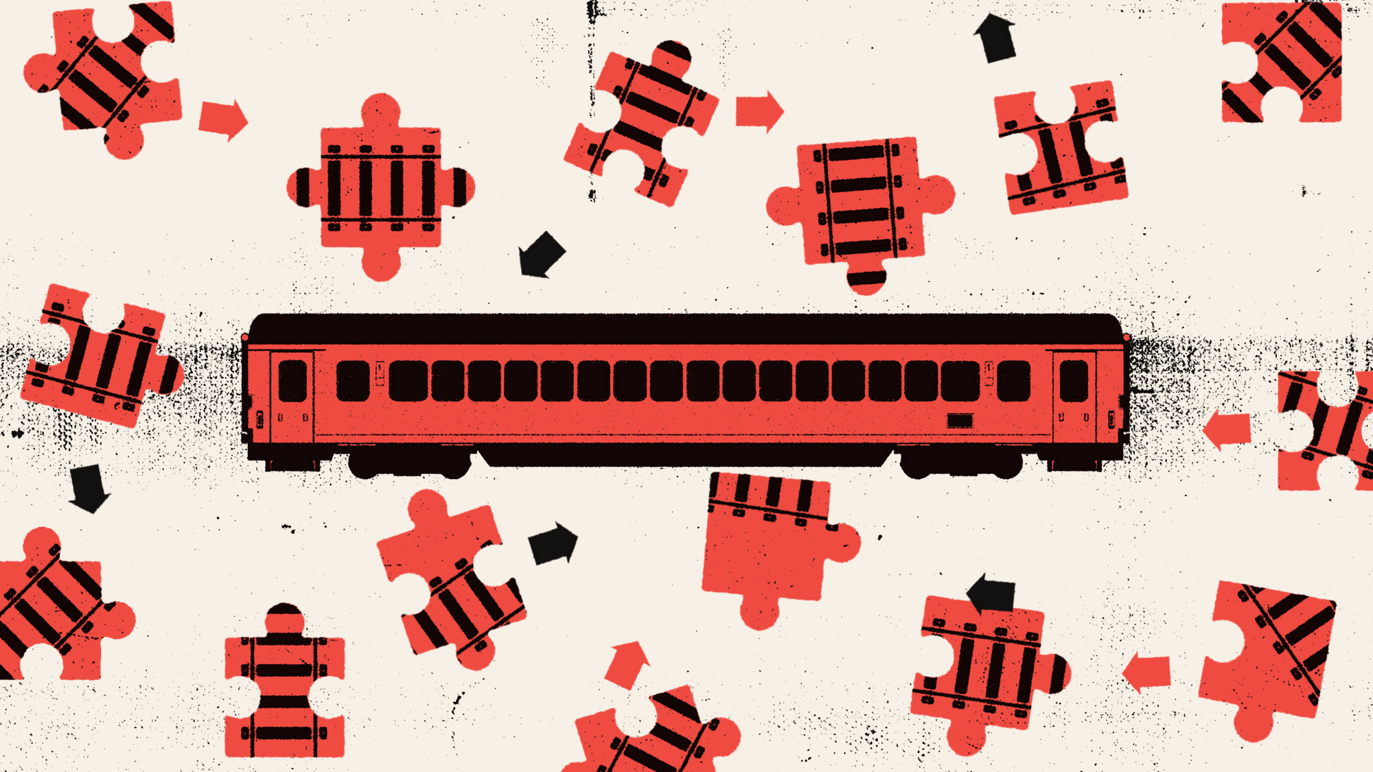 Illustration of a train carriage surrounded by jigsaw pieces of track