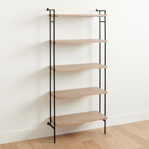 Black metal and light wooden vertical shelving unit