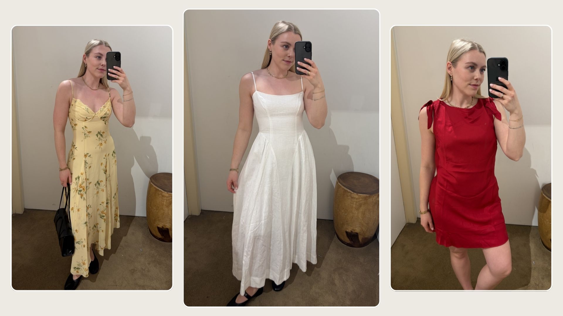 Woman wears yellow floral dress; woman wears white basque waist dress; woman wears red mini dress