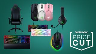 Razer Father's Day deals header with multiple razer gaming peripherals on a green background