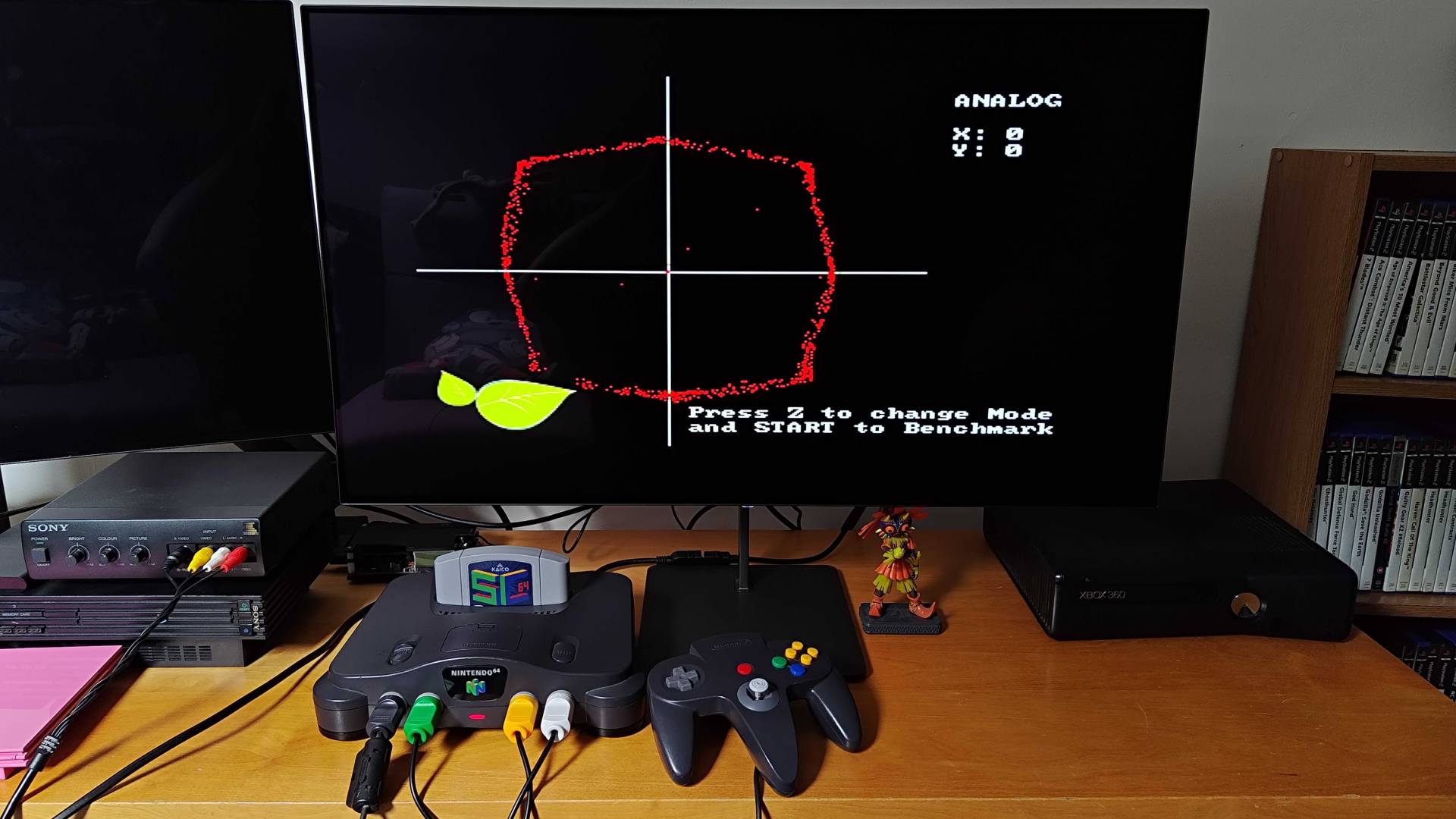 Original N64 controller connected to console with benchmarking software on screen displaying thumbstick range.