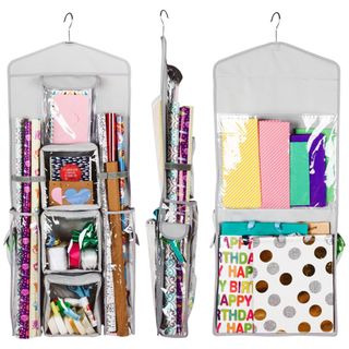 A hanging Christmas gift wrap organizer