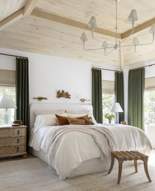 white bedroom with wood ceiling by Marie Flanigan