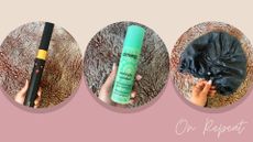 Dyson Airwrap, Amika Midnight Mender and Slip Silk Hair Wrap on a pink background with 'On Repeat' writing in corner