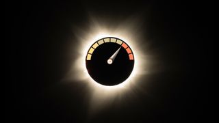 total solar eclipse with a speedometer graphic in the center