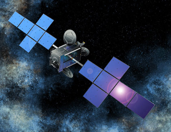 An artist&#039;s concept of the QuetzSat-1 directo TV broadcast satellite in orbit.