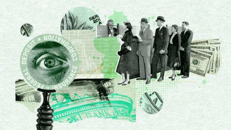 College illustration depicting customers standing in line at a bank and dollar bills