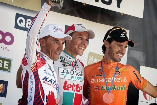 Fl&egrave;che Wallonne podium (l-r): Joaqu&iacute;m Rodr&iacute;guez, Philippe Gilbert and Samuel S&aacute;nchez.