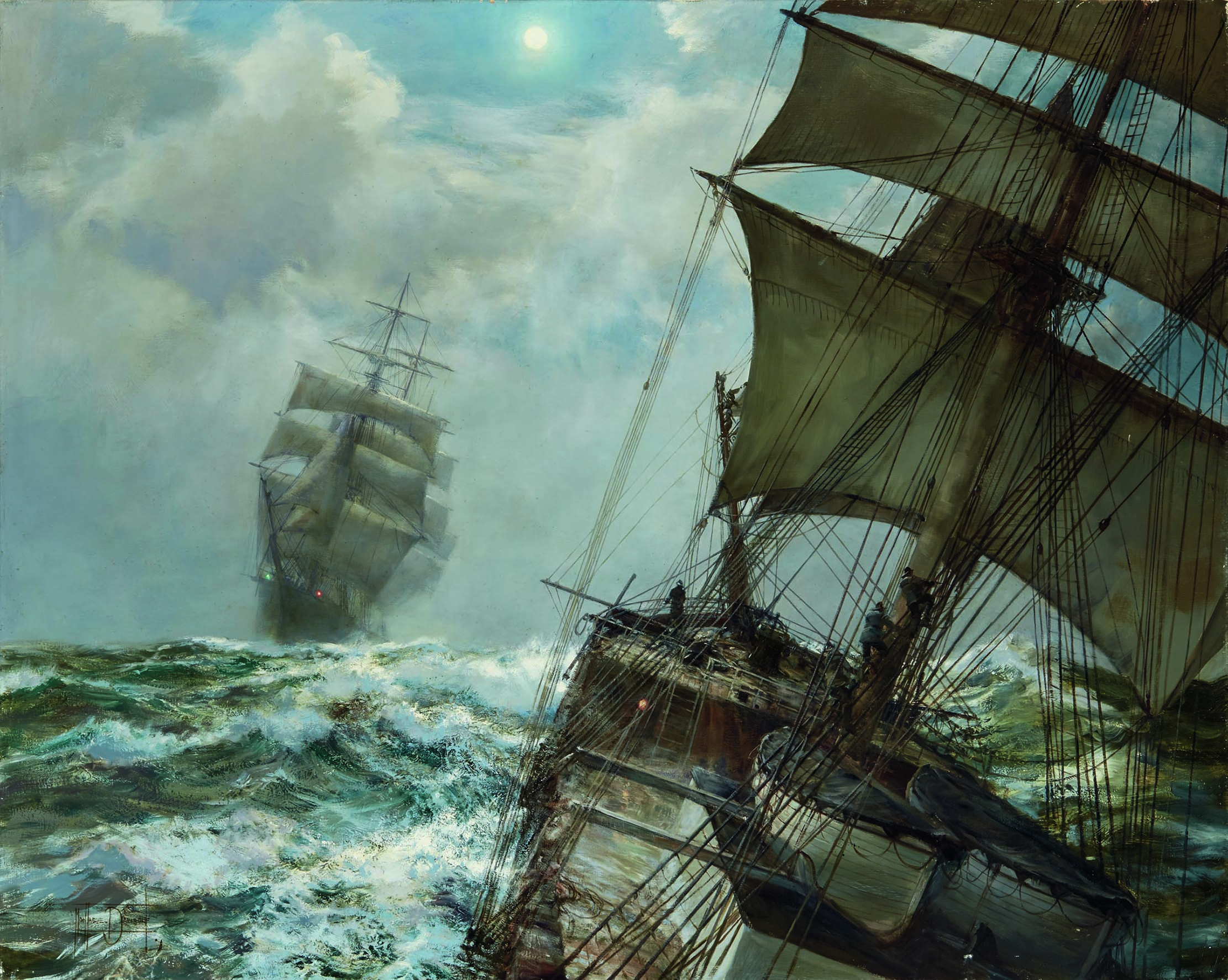 Two Clippers –Nocturne by Montague Dawson (1890–1973), late 1950s, 39in by 49in, private collection. Courtesy of Doyle’s Auctioneers & Appraisers