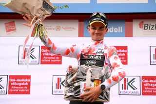 EIBAR SPAIN APRIL 06 Sepp Kuss of The United States and Team Visma Lease a Bike celebrates at podium as Polka Dot Mountain Jersey winner during the 63rd Itzulia Basque Country 2024 Stage 6 a 1378km stage from Eibar to Eibar UCIWT on April 06 2024 in Eibar Spain Photo by Tim de WaeleGetty Images