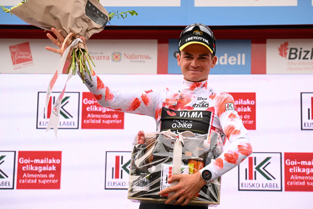 EIBAR SPAIN APRIL 06 Sepp Kuss of The United States and Team Visma Lease a Bike celebrates at podium as Polka Dot Mountain Jersey winner during the 63rd Itzulia Basque Country 2024 Stage 6 a 1378km stage from Eibar to Eibar UCIWT on April 06 2024 in Eibar Spain Photo by Tim de WaeleGetty Images