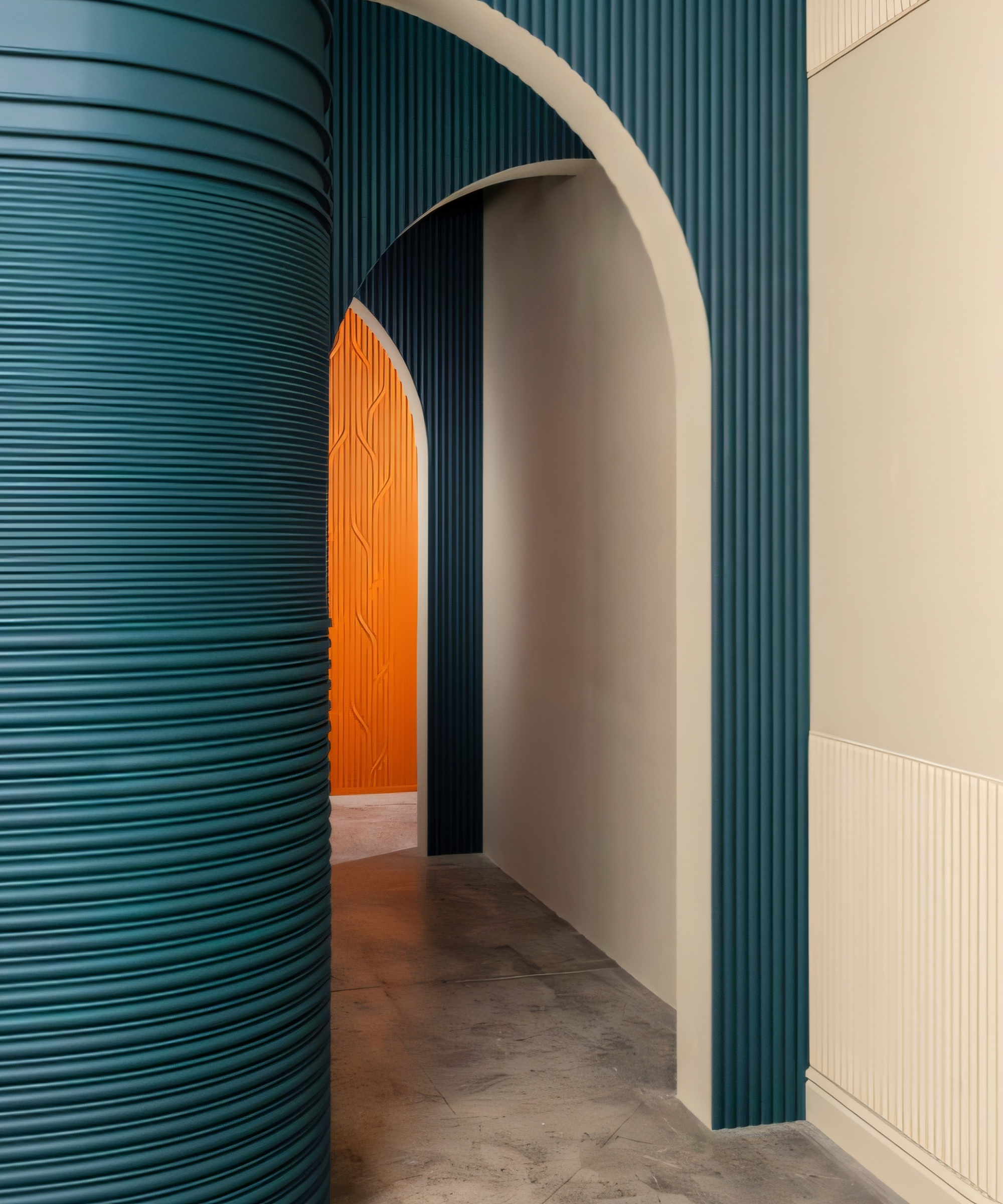 hallway with curved walls with horizontal thin panelling and thin vertical panelling on arched wall